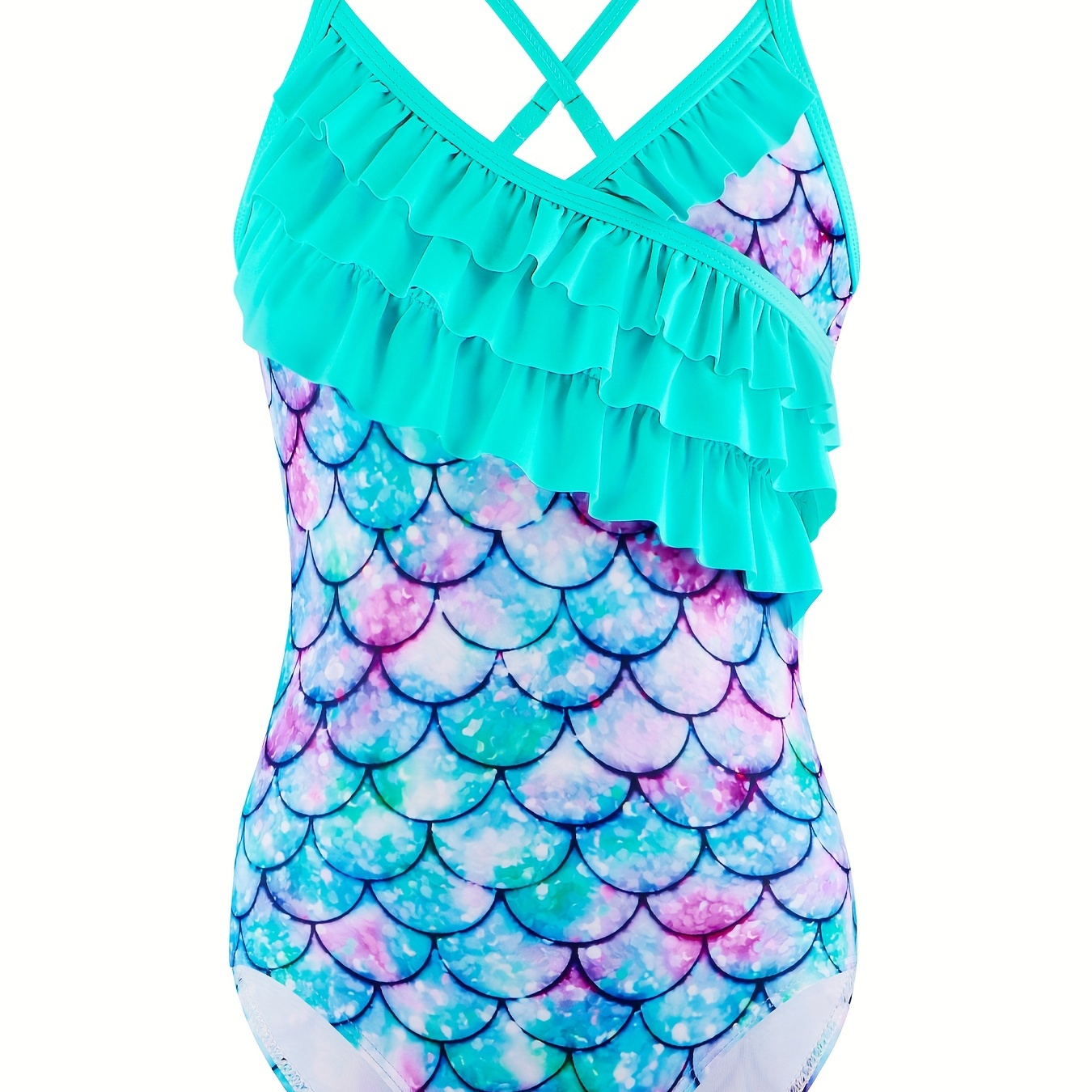 

One-piece Girls' Mermaid Swimsuit With Lotus Leaf Edge And Fish Scale Print - Perfect For Hot Springs And Beach Sports