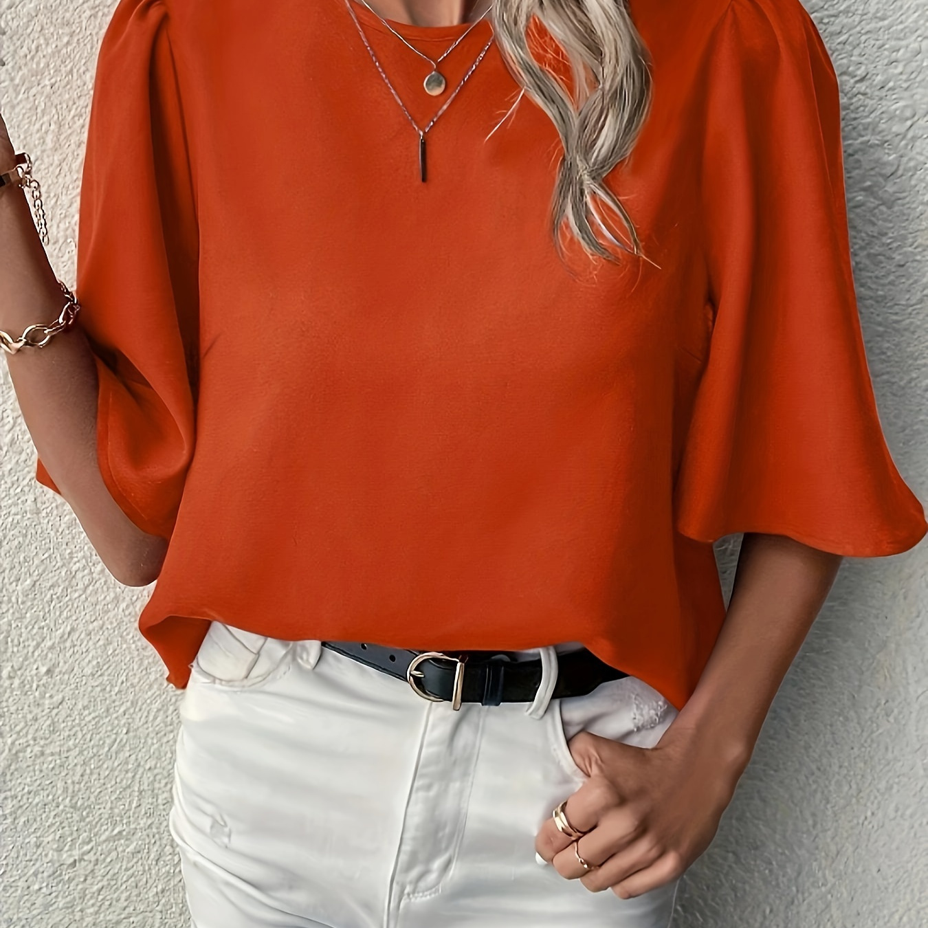 

Solid Color Crew Neck Blouse, Casual Half Sleeve Blouse For Spring & Summer, Women's Clothing