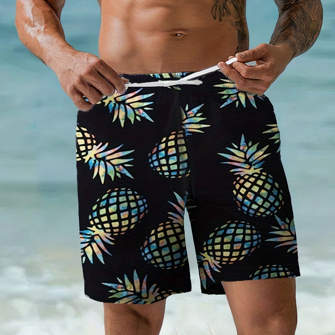 Men's Plus Size Fully Print Pineapple Graphic Shorts Beach Pants Holiday Shorts, Elastic Drawstring Sports Short Pants