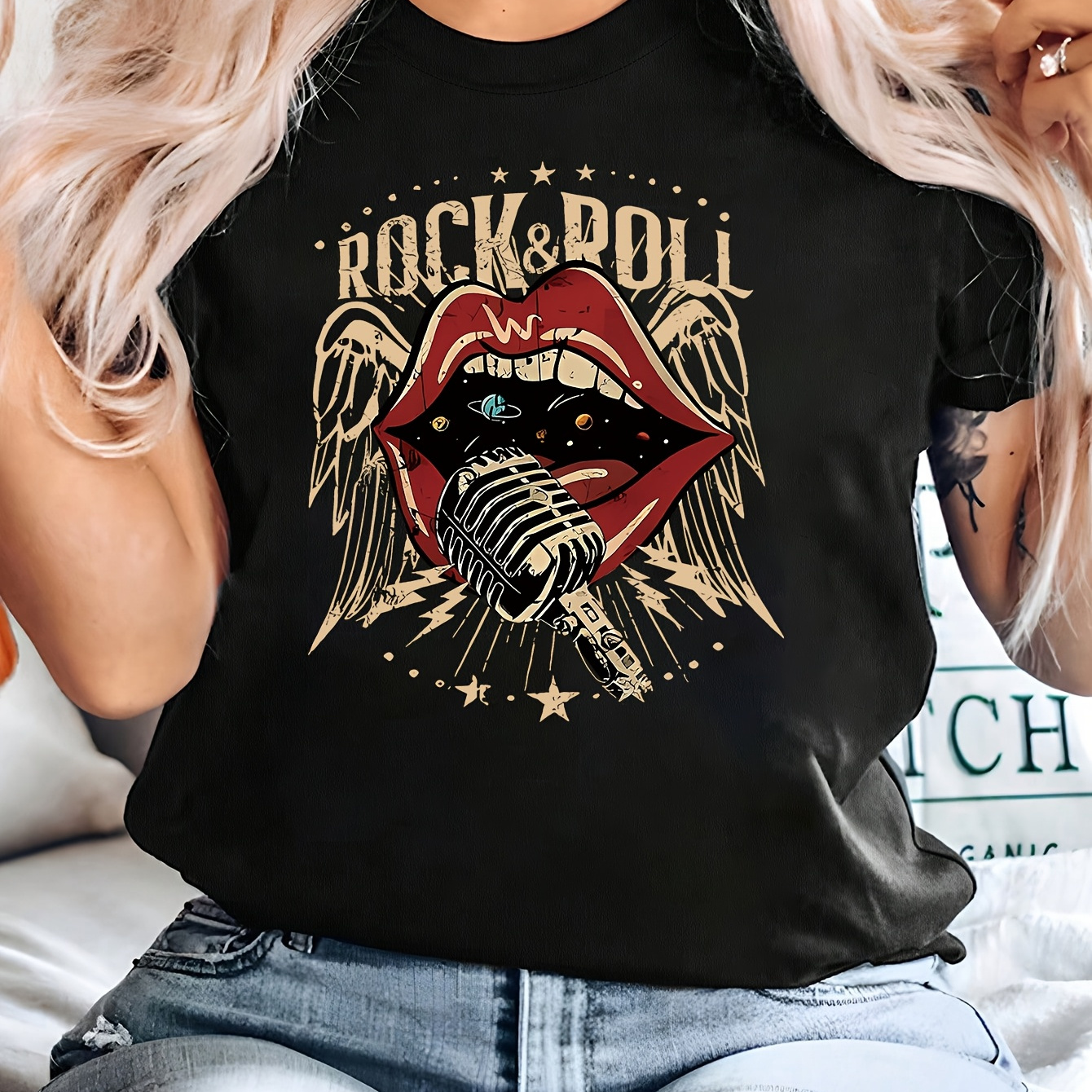 

Rock & Roll Vintage Mic And Lips Fashion T-shirt, Polyester , Casual Crew Neck, Regular Length, Knit Fabric, For Women, Top