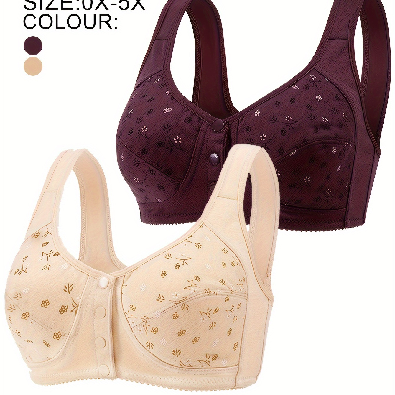 

Ensemble de 2 soutiens-gorge et bralettes élégants de grande taille, lingerie fil en polyamide tricoté avec détail boutonné, style col, légèrement extensible, rembourrage, design imprimé aléatoire