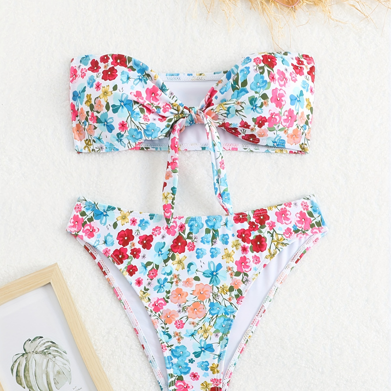 

Floral Print Bandeau Bikini Sets, Knot Front Strapless Tube Top High Cut Beachwear 2 Pieces Swimsuit, Women's Swimwear & Clothing