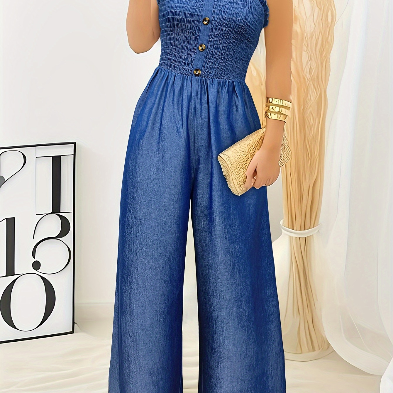 

Lettuce Trim Wide Leg Jumpsuit, Elegant Faux Button Sleeveless Jumpsuit For Spring & Summer, Women's Clothing