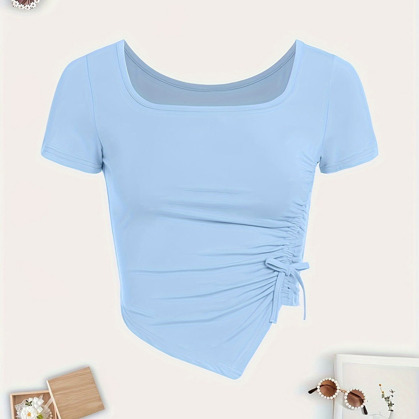 

Girls Blue Fake Drawstring Asymmetrical Hem Bow Square Neck T-shirt, Casual Everyday