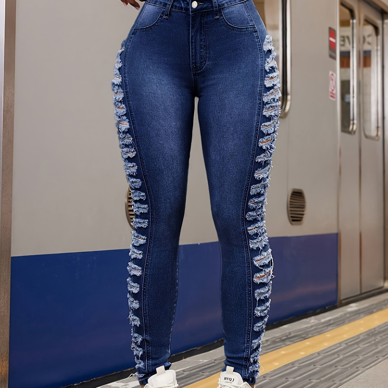 

Ripped Side Stretchy Skinny Fit Distressed Plain Versatile Jeans Denim Pants, Women's Denim Jeans & Clothing