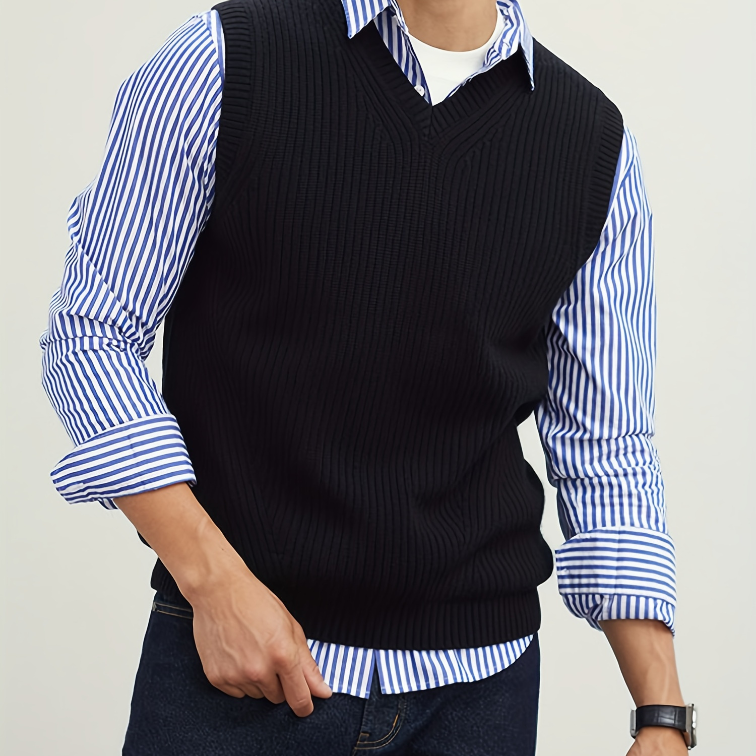Men's V Neck Sweater Vest, Pullover Solid Color Sleeveless Sweaters Vest,  Preppy Style