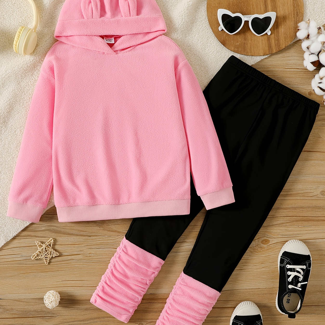 

Patpat 2pcs Kid Girl Casual Ear Graphic Polar Fleece Long-sleeve Hoodie Sweatshirt And Colorblock Splice Leggings Set For Spring & Autumn/fall