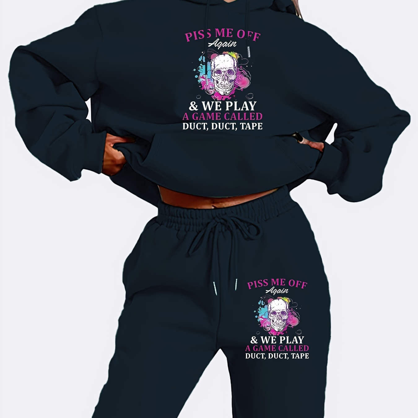 

Stylish Skull Print Hoodie & Joggers Set For Women - Soft, Casual Long Sleeve With Spacious Pockets, Polyester Fabric, Easy Machine Washable, Cozy Fall And Winter Days