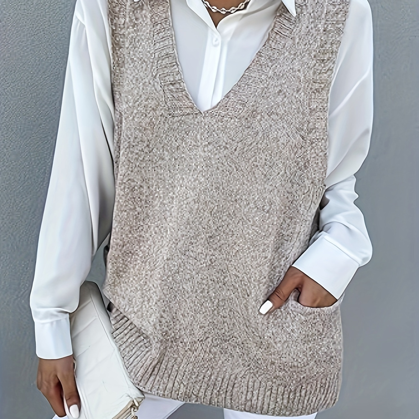 

V Neck Pocket Design Vest, Casual Ribbed Sleeveless Pullover Sweater Vest, Women's Clothing