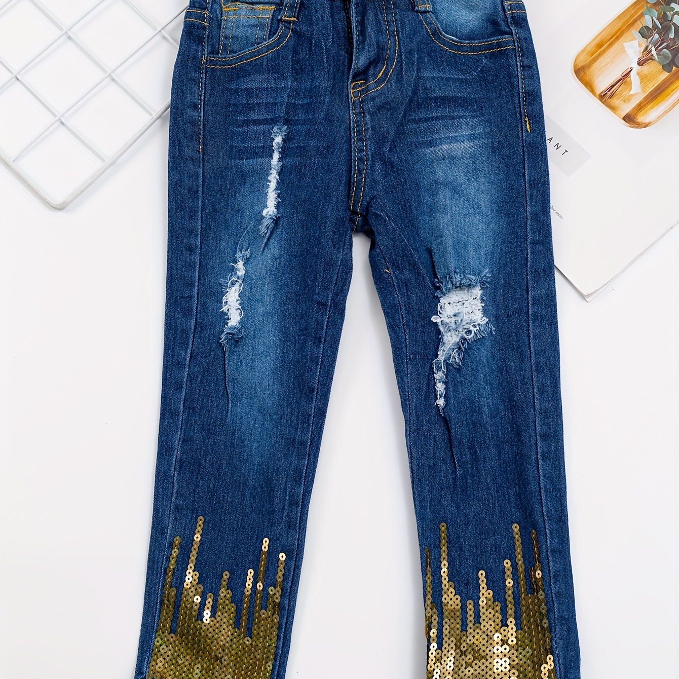 

Girls Trendy Sequin Appliques Stretch Casual Ripped Jeans For Party Everyday