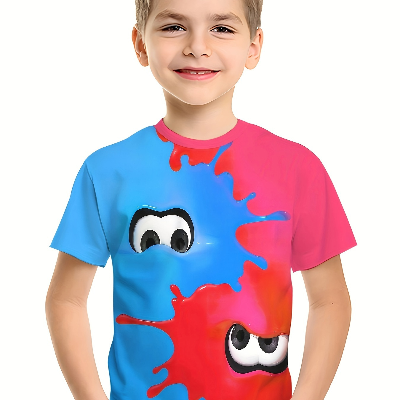 

Boy's Fun Cartoon Print Crew Neck T-shirt, Active Slightly Short Sleeve Top, Summer Outdoor Children's Clothing