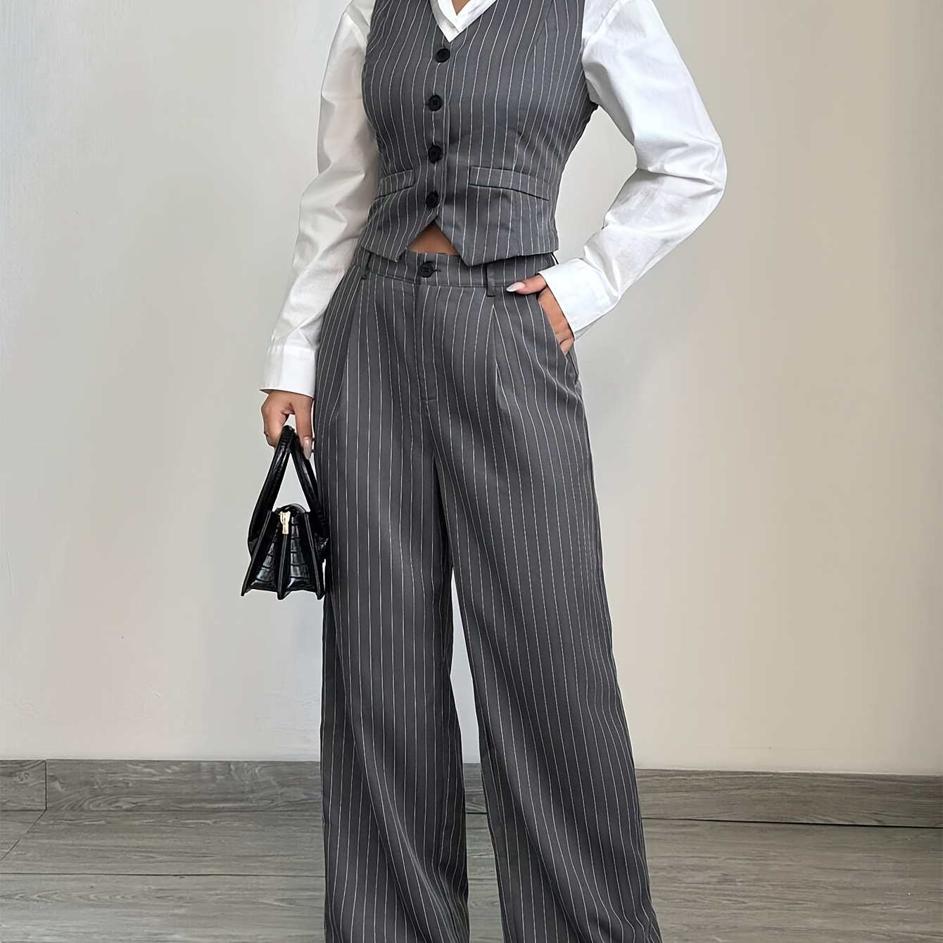 

Elegant Striped V-neck Women's Vest And Straight-leg Pants Set - Polyester , Machine Washable, Chic Spring/fall Outfit, Attire| Long Vest|sleeveless Design