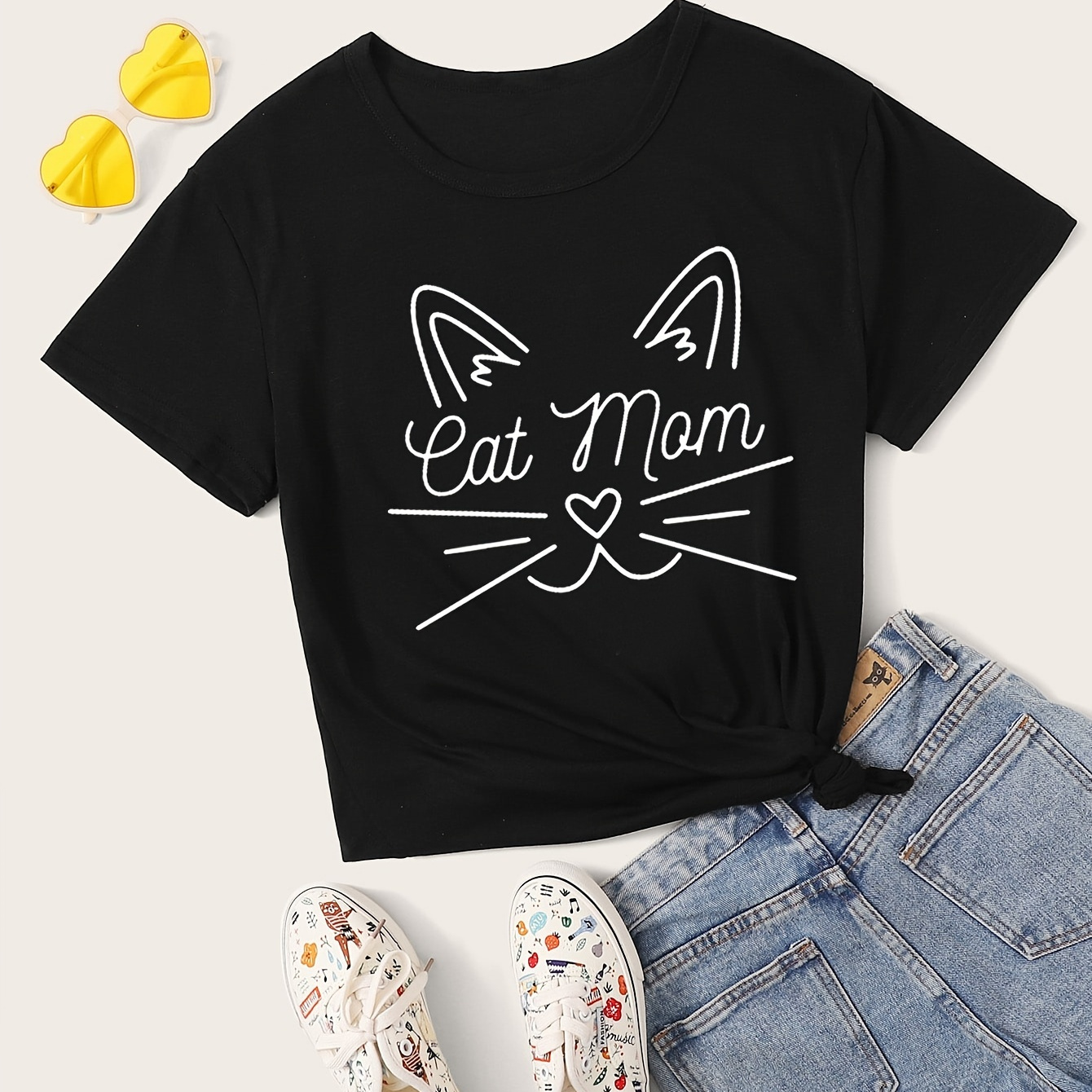 

Plus Size Cat Print T-shirt, Short Sleeve Crew Neck Casual Top For Summer & Spring, Women's Plus Size Clothing
