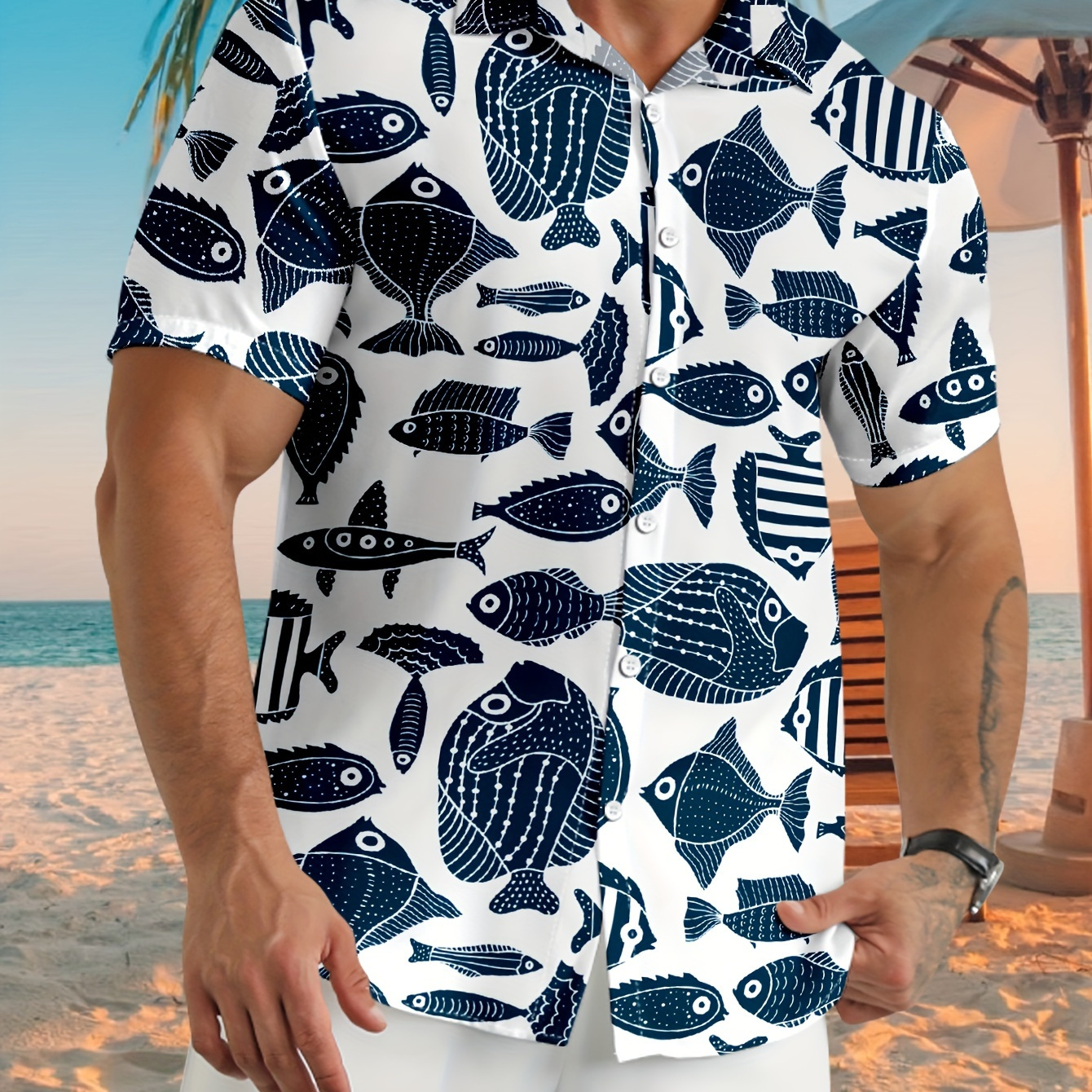 

Men's Fishes Graphic Print Shirt, Casual Lapel Button Up Short Sleeve Shirt For Summer Outdoor Activities
