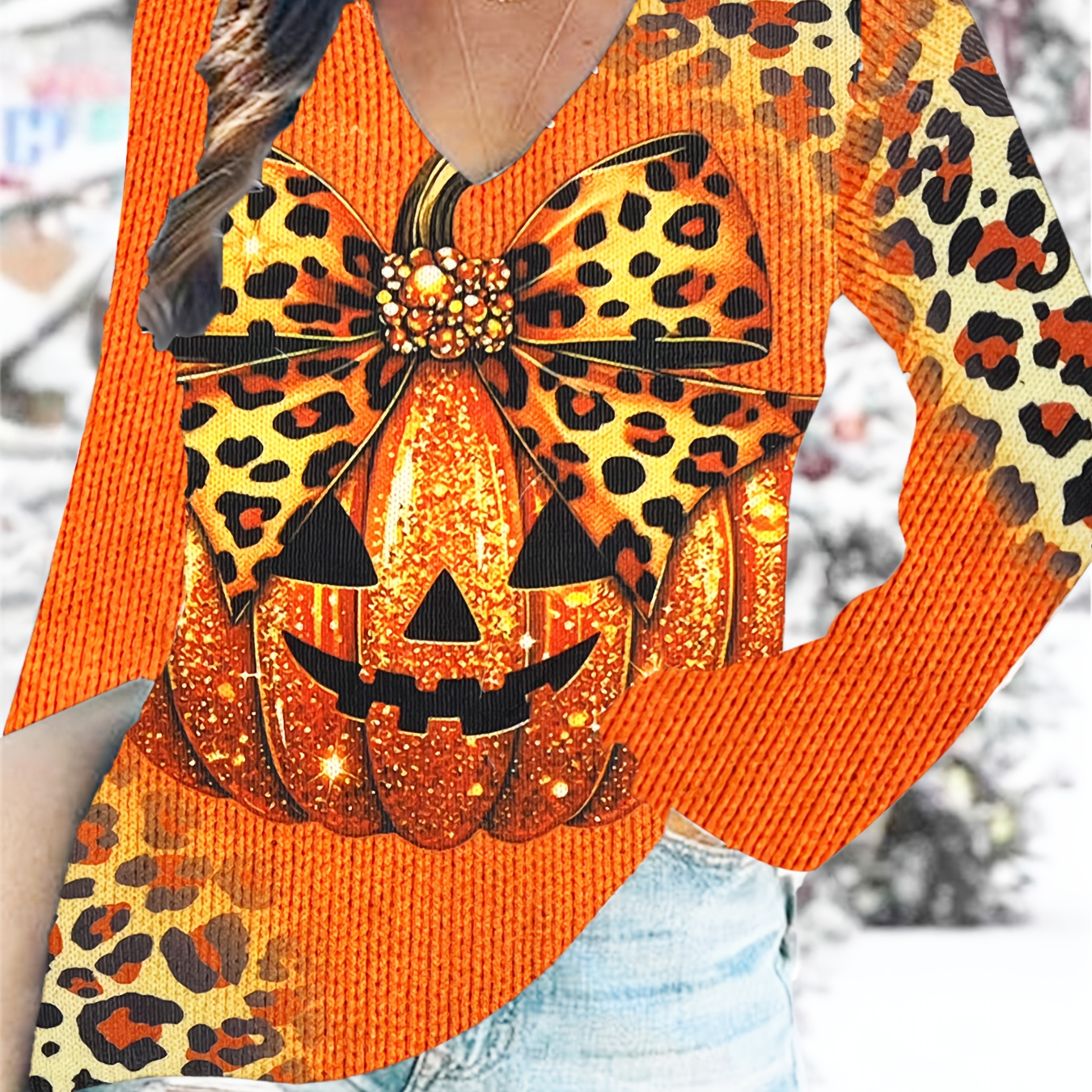 

Chic Pumpkin Print V-neck Sweater For Women - Elegant Long Sleeve Pullover, Fall & Winter