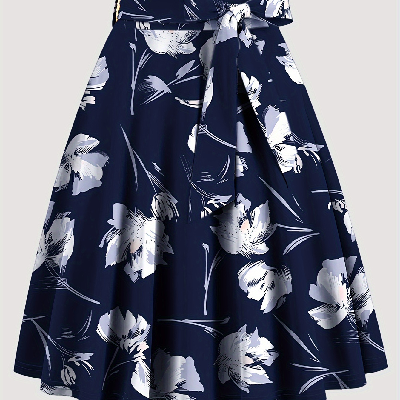 

Floral Print High Waist Skirt, Elegant Belted Flared Midi Skirt, Women's Clothing