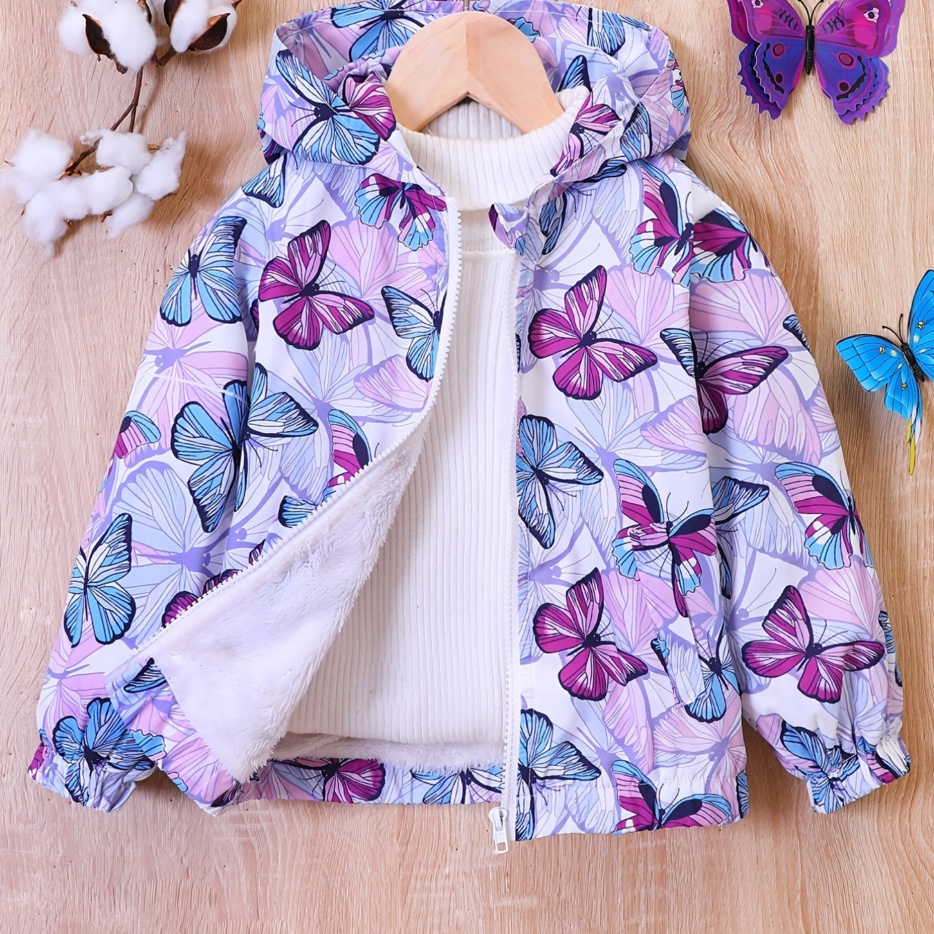 

Butterfly Print Hooded Coat For Girls Fleece Lined Zipper Closure Trendy Cute Winter Warm Jacket