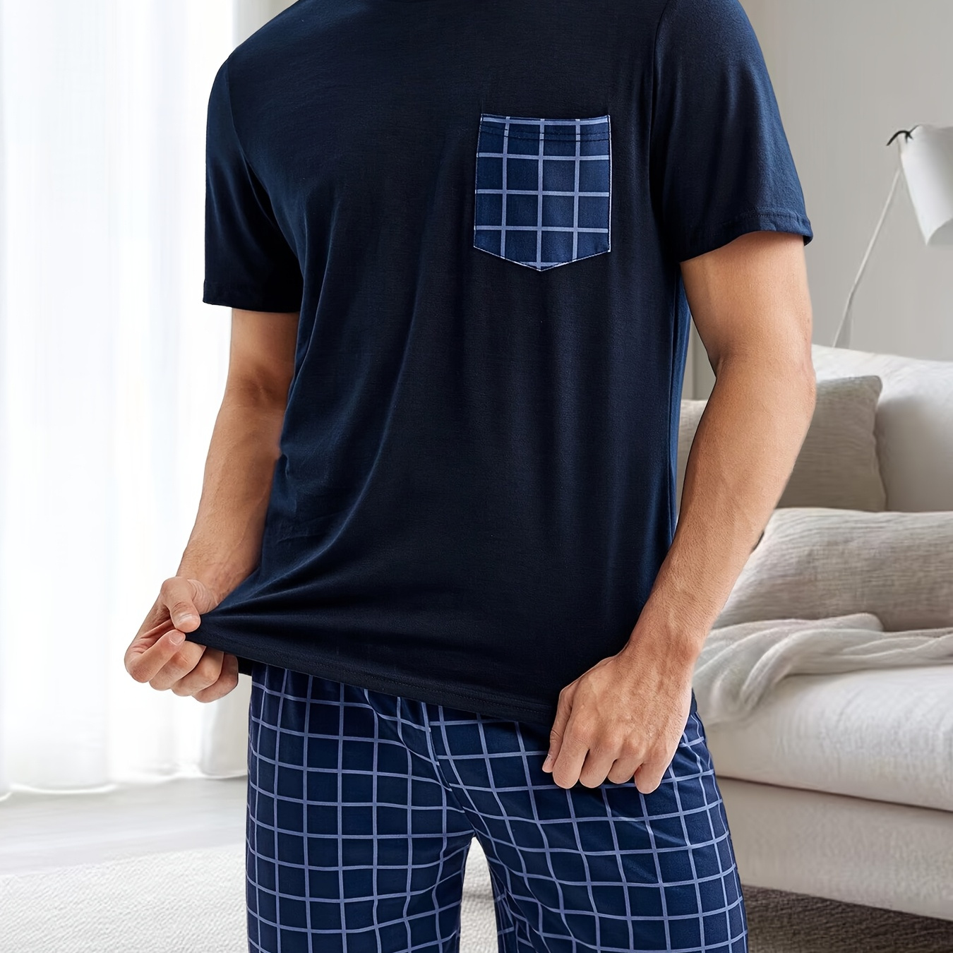 

Men's Casual Round Neck Short Sleeve Tee & Blue Shorts Set - Soft, Stretchy Polyester , Machine Washable, With Pocket Detail, Comfortable Clothing|grid Pattern Shorts|stretchy Fabric