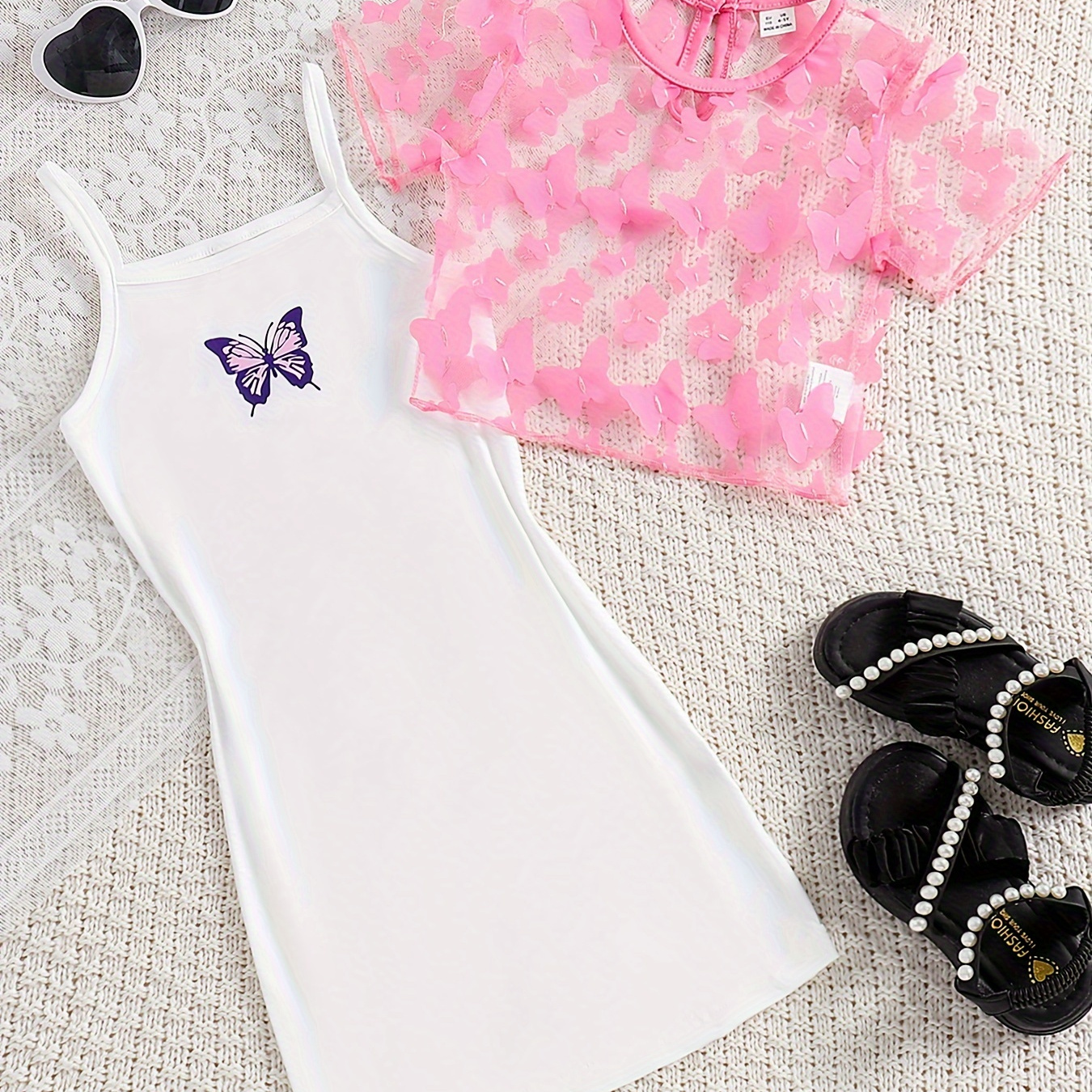 

2pcs Toddler Girls Butterfly Graphic Casual Cami Dress & Butterfly Applique Short Sleeve Top Set For Party Beach Vacation Kids Summer Clothes