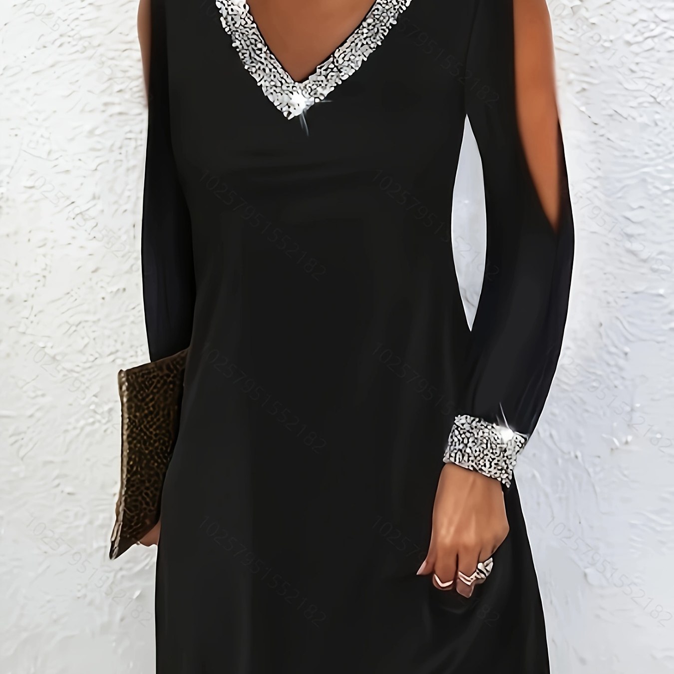 

V Neck Solid Simple Dress, Casual Long Sleeve Dress For Spring & Fall, Women's Clothing