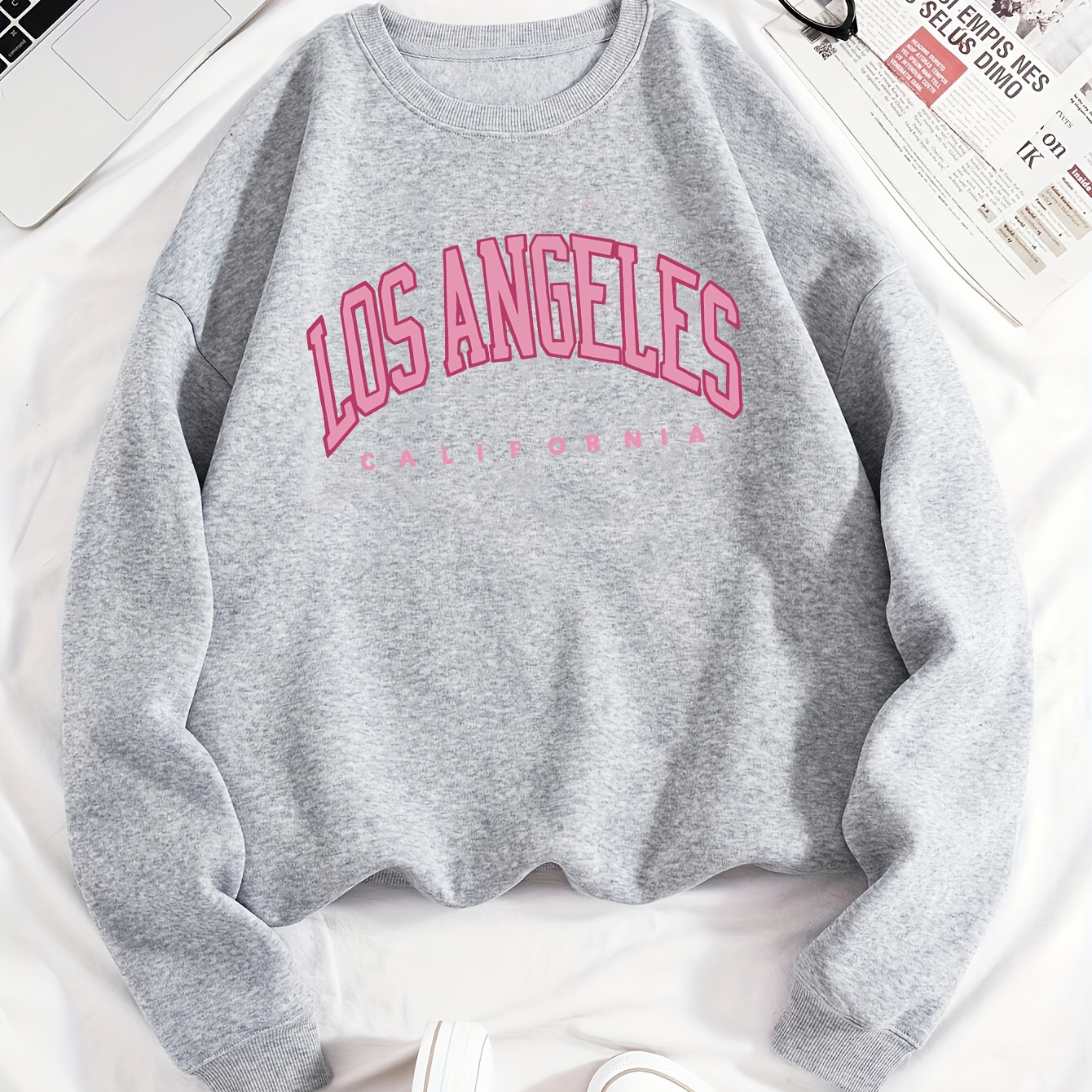 

Los Angeles California Print, Women's Long Sleeve Pullover Sweatshirt, Casual American Style, Warm Letter Graphic Print, Sportswear For Spring/fall/winter