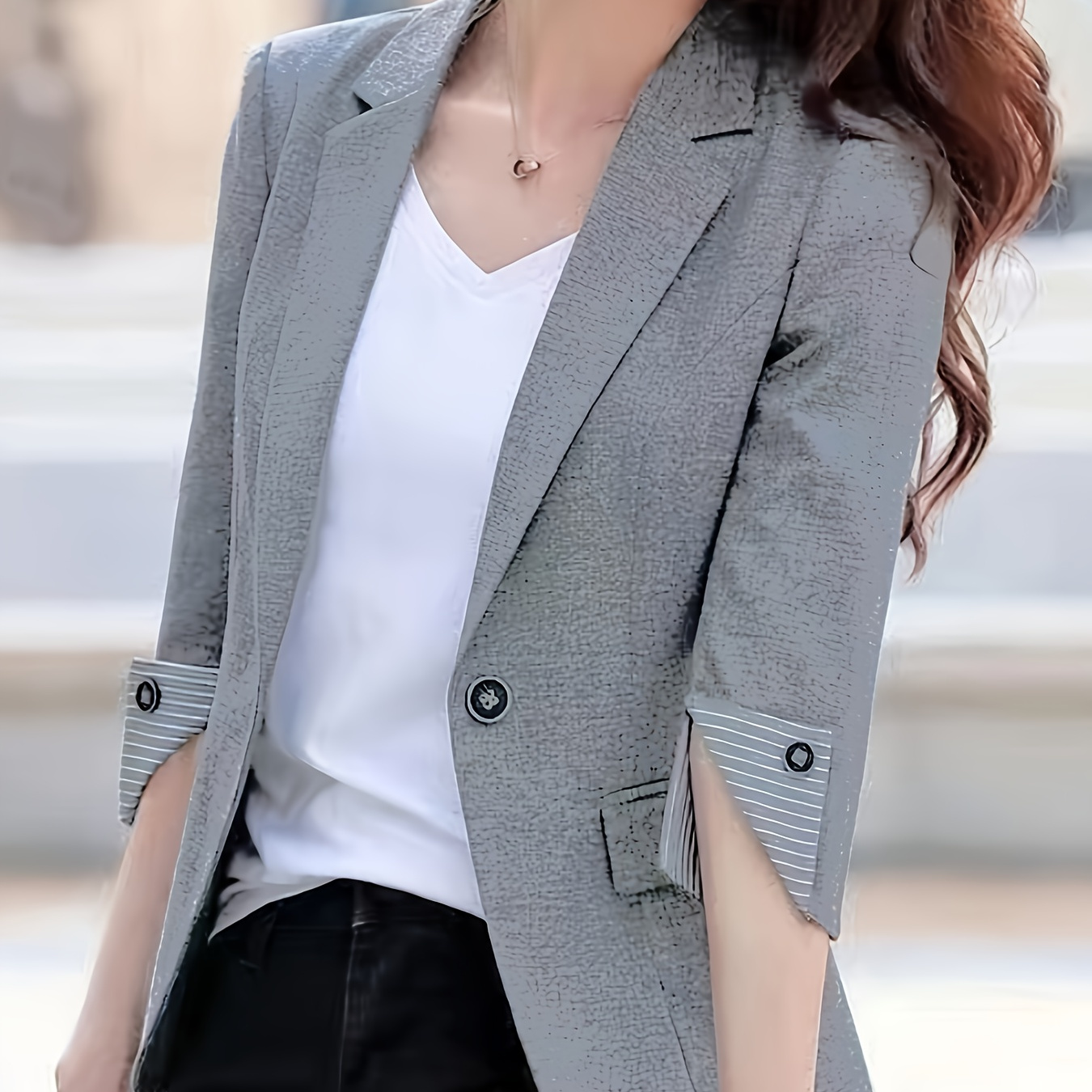 

Single-breasted Lapel Neck Blazer, Elegant Three-quarter Sleeve Blazer For Office & Work, Women's Clothing