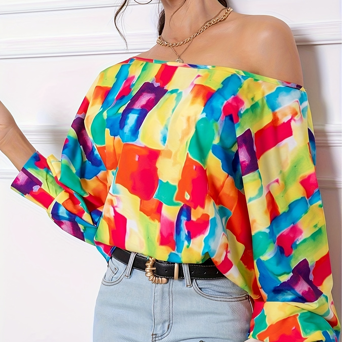 

Women's Off Shoulder Asymmetrical Neck Blouse, Polyester Woven Shirt, With Abstract Print, For Spring/fall