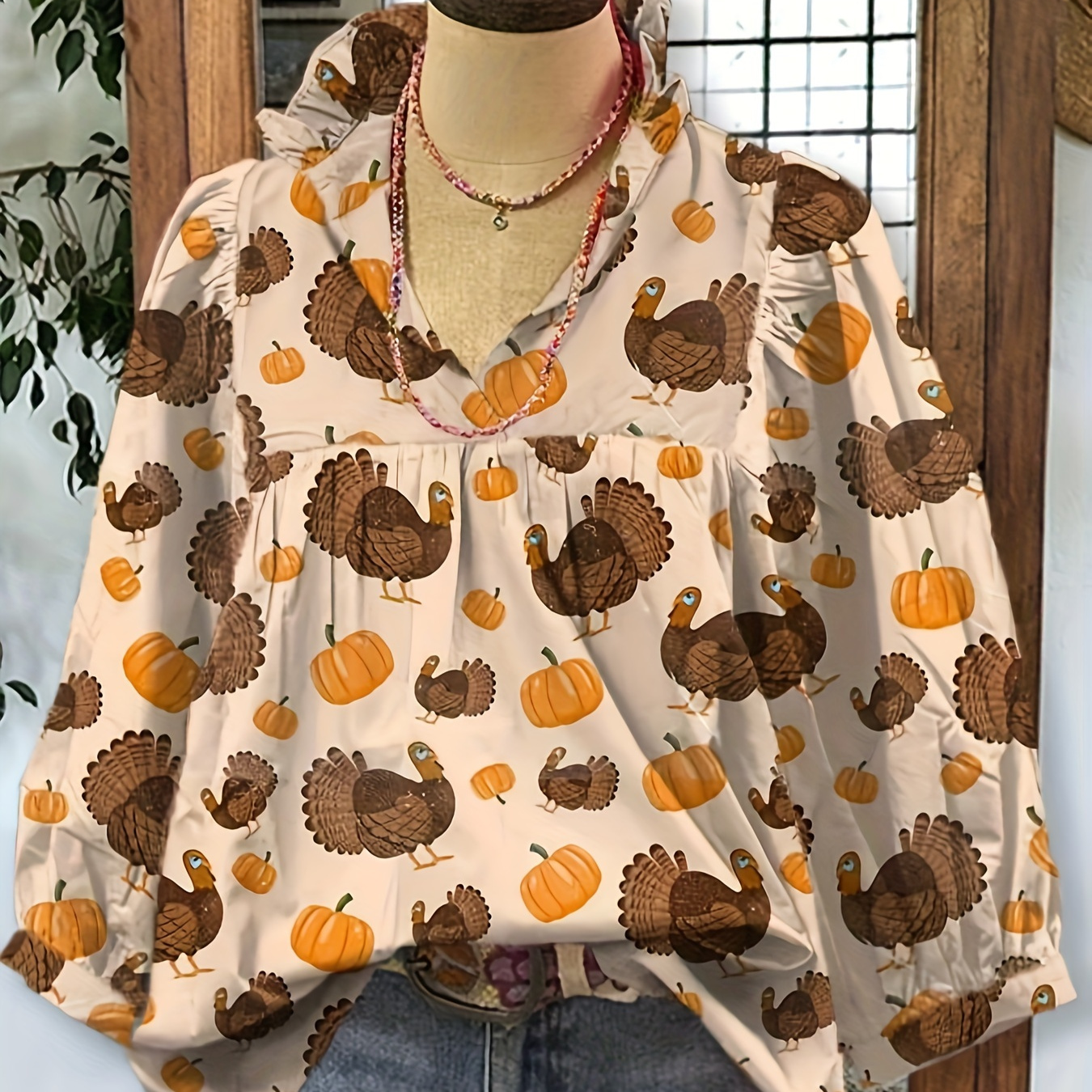 

Ruffle Charm| Women's Thanksgiving Turkey & Pumpkin Print Blouse - V-neck, Ruffle Detail, Long Sleeve, Casual Polyester Top - Halloween & Christmas Celebrations