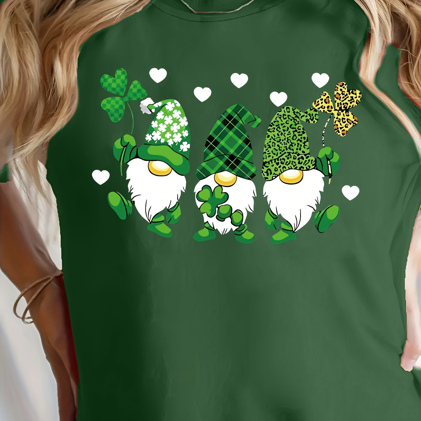 

's Day Graphic T-shirt, Casual Crew Neck Short Sleeve Polyester Top, Knit Fabric, Regular Length, With And Shamrock Design, For All