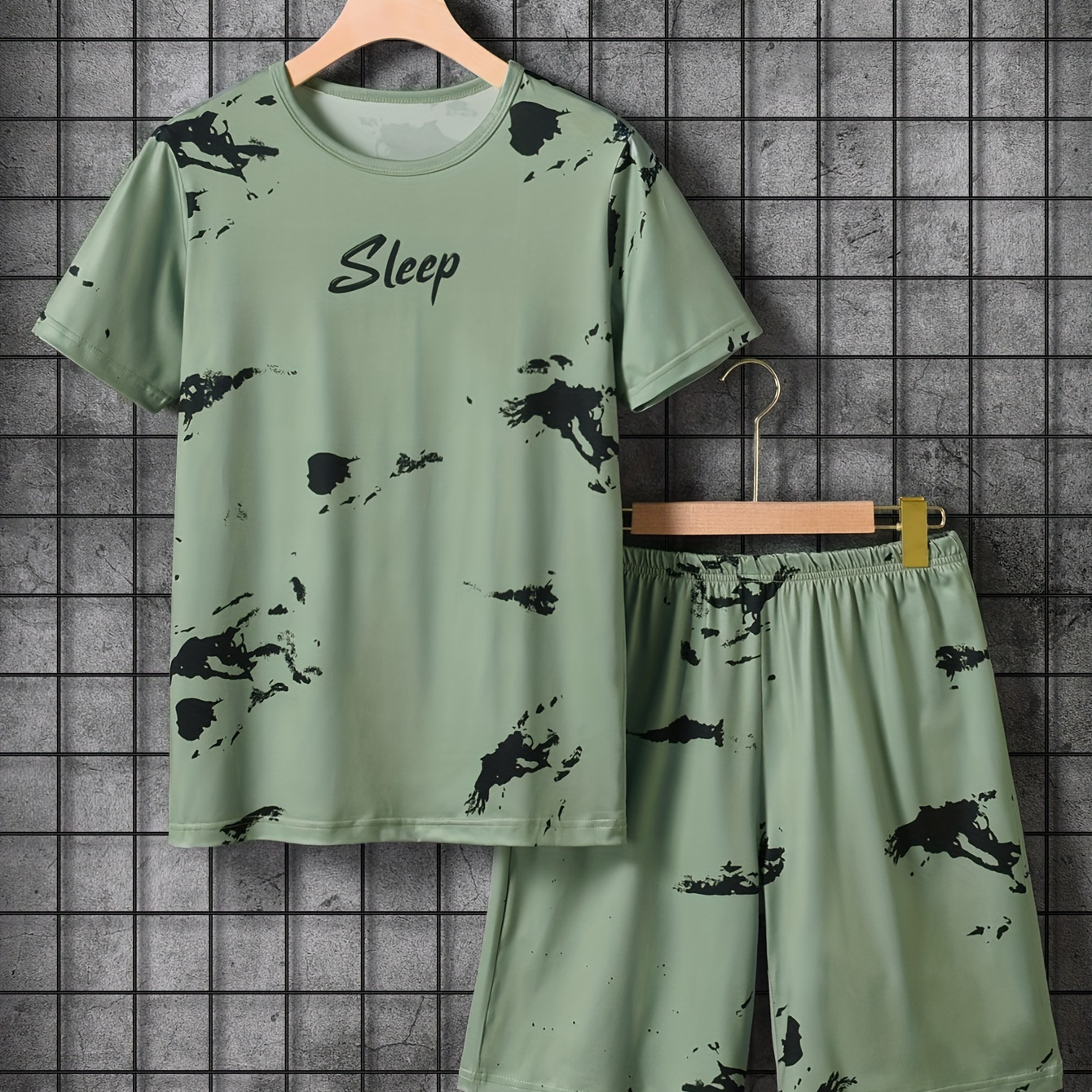 

Teen Boys Summer 2024 Mint Green Tie-dye Pajama Set, Casual Homewear, Short Sleeve Pullover Top + Shorts Lounge Outfit, Comfortable Sleepwear