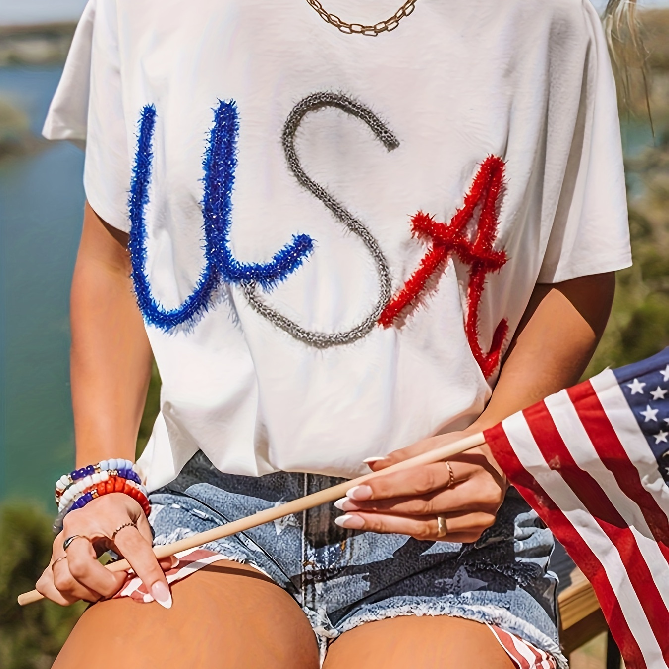 

Letter Usa Pattern Crew Neck T-shirt, Casual Short Sleeve T-shirt For Spring & Summer, Women's Clothing