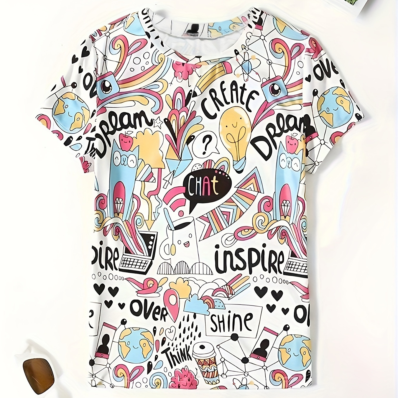 

Graphic & Letter Print Crew Neck T-shirt, Casual Short Sleeve T-shirt For Spring & Summer, Women's Clothing