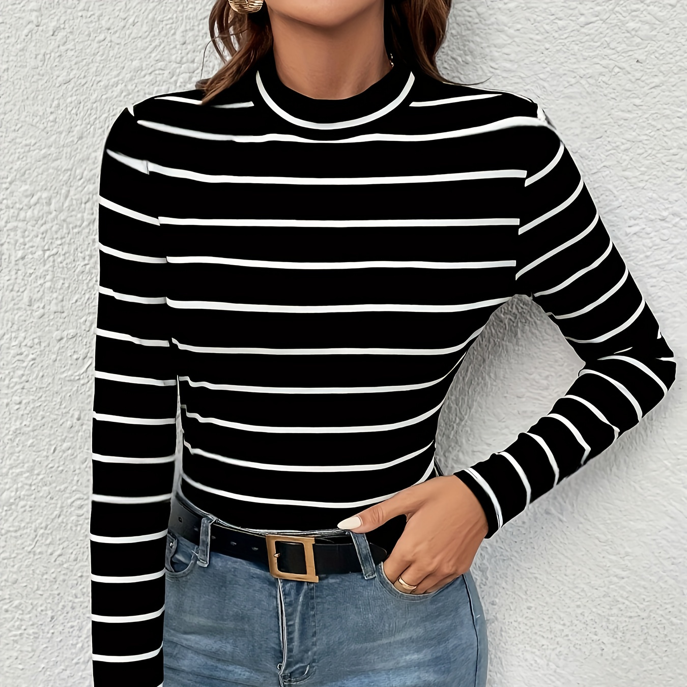 

Striped Print Mock Neck T-shirt, Casual Long Sleeve Top For Fall, Women's Clothing