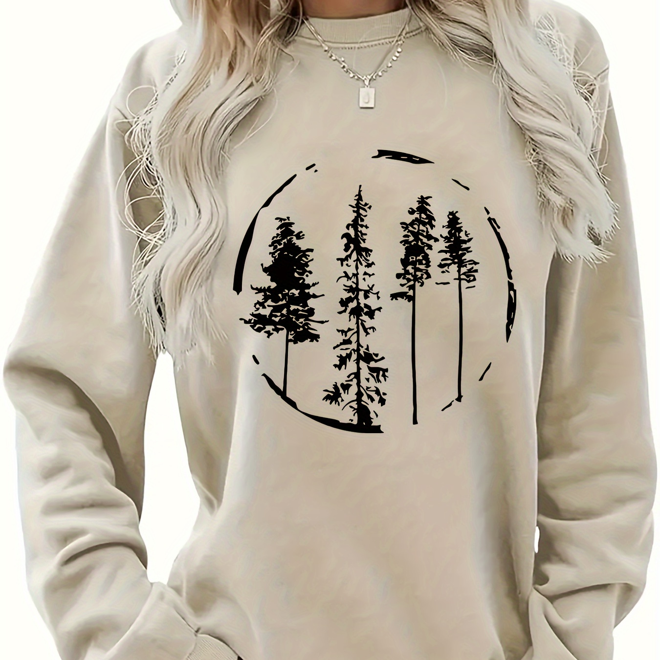 

Tree Print Pullover Sweatshirt, Casual Long Sleeve Crew Neck Sweatshirt For Fall & Winter, Women's Clothing