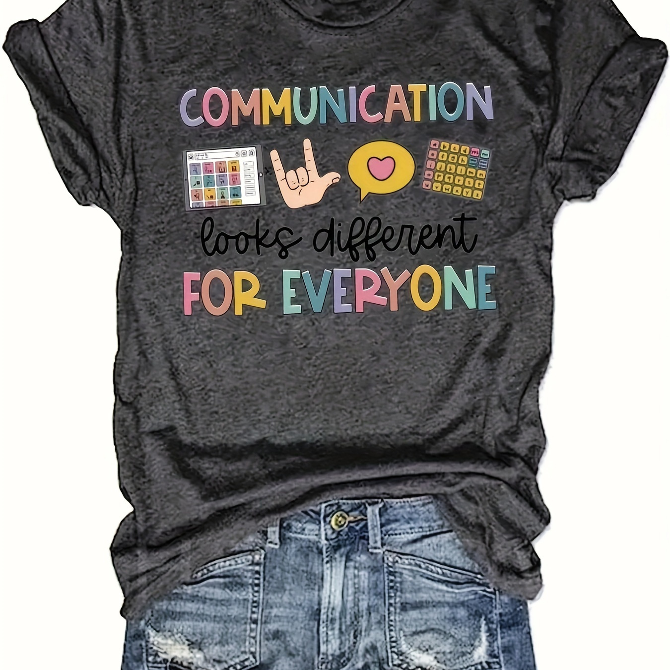 

Communication Print Crew Neck T-shirt, Casual Short Sleeve Top For Spring & Summer, Women's Clothing