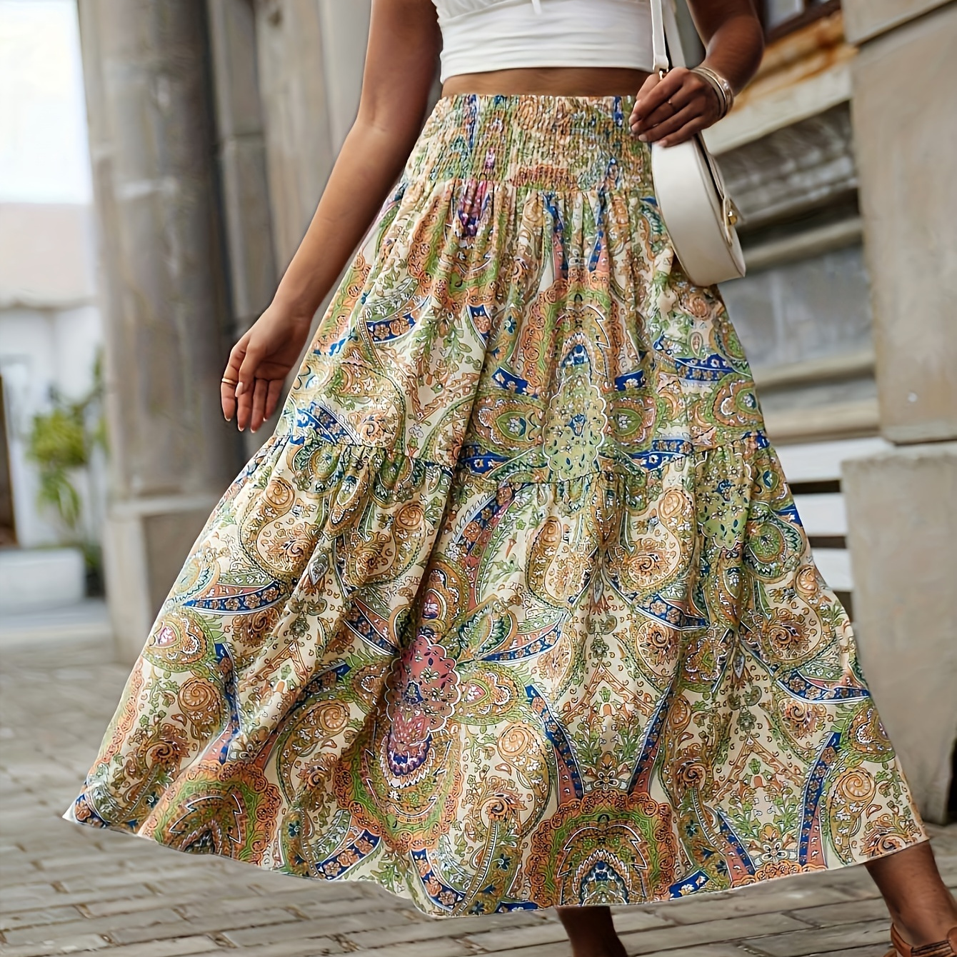 

Paisley Print Shirred Waist Skirt, Boho A-line Skirt For Spring & Summer, Women's Clothing