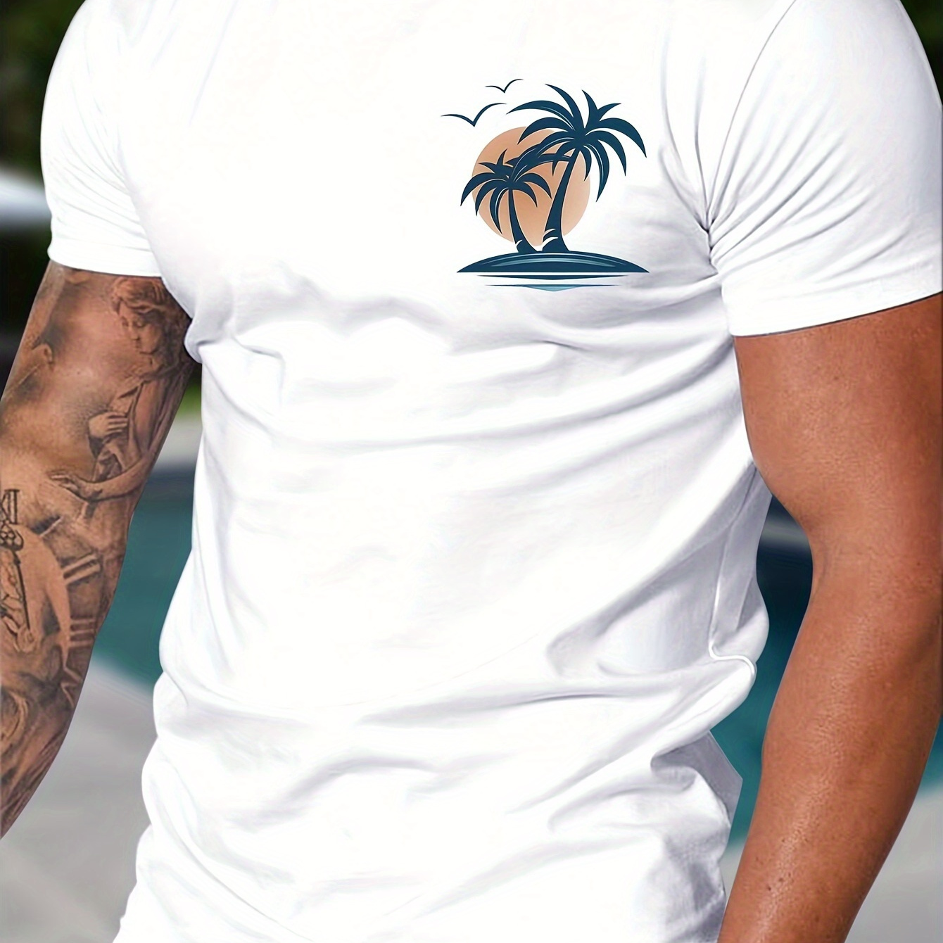 

Coconut Tree Graphic Print T-shirt Men's Casual Style Summer And Autumn Slightly Elastic Round Neck T-shirt