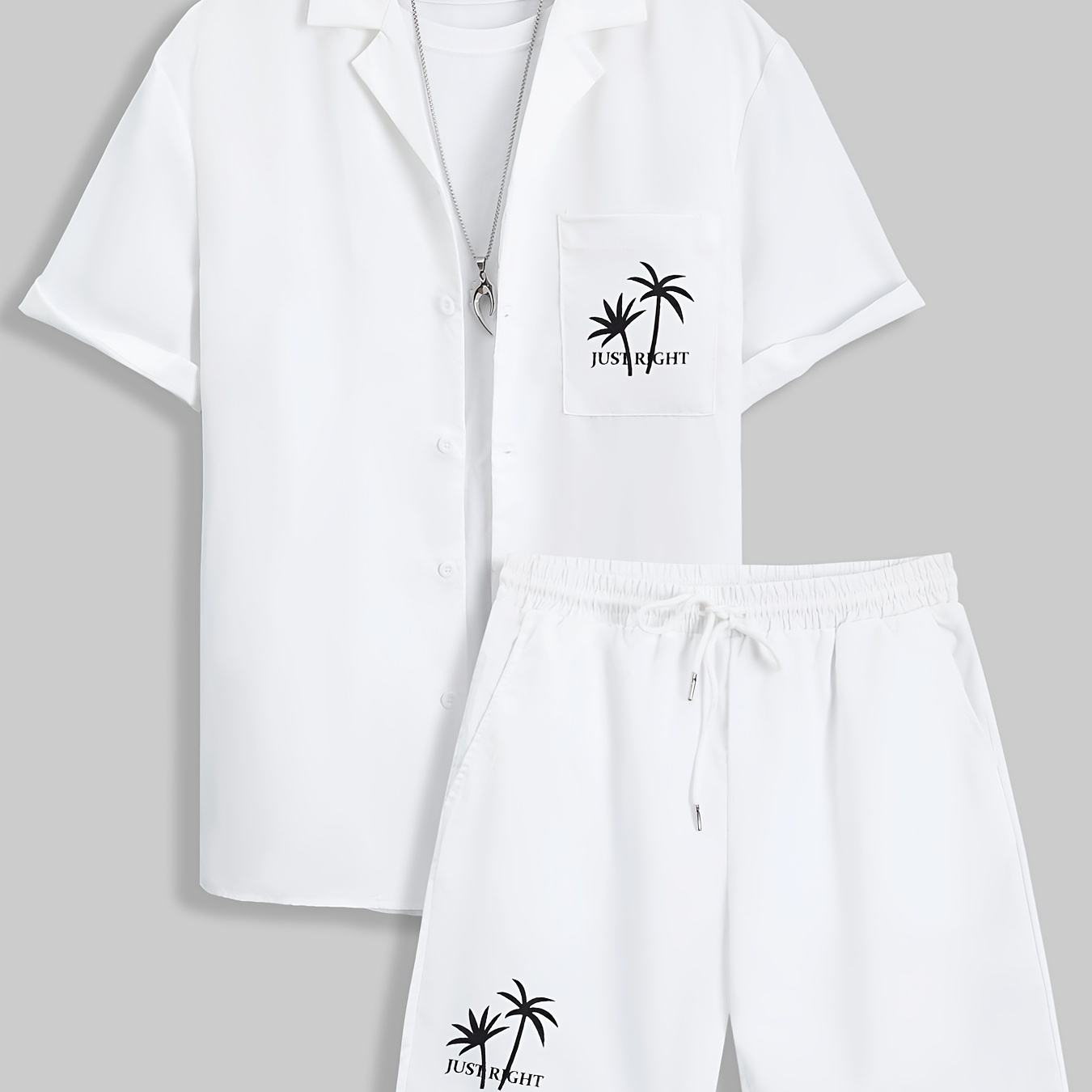 Coconut Tree Print, Men's 2 Pieces Outfits, Short Sleeve Button Down Shirt And Drawstring Shorts Set