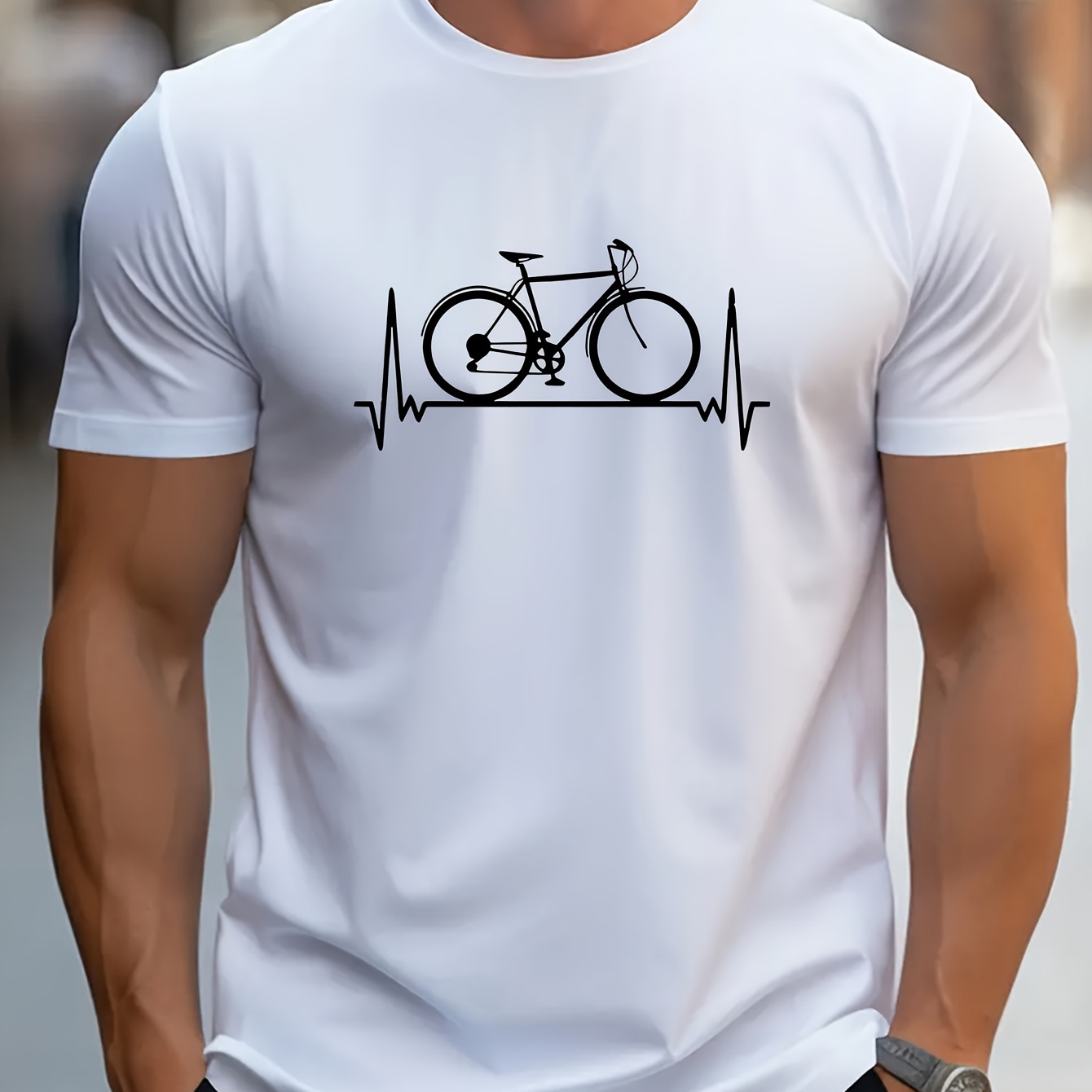 

Bicycle And Electrocardiogram Print Tee Shirt, Tees For Men, Casual Short Sleeve T-shirt For Summer