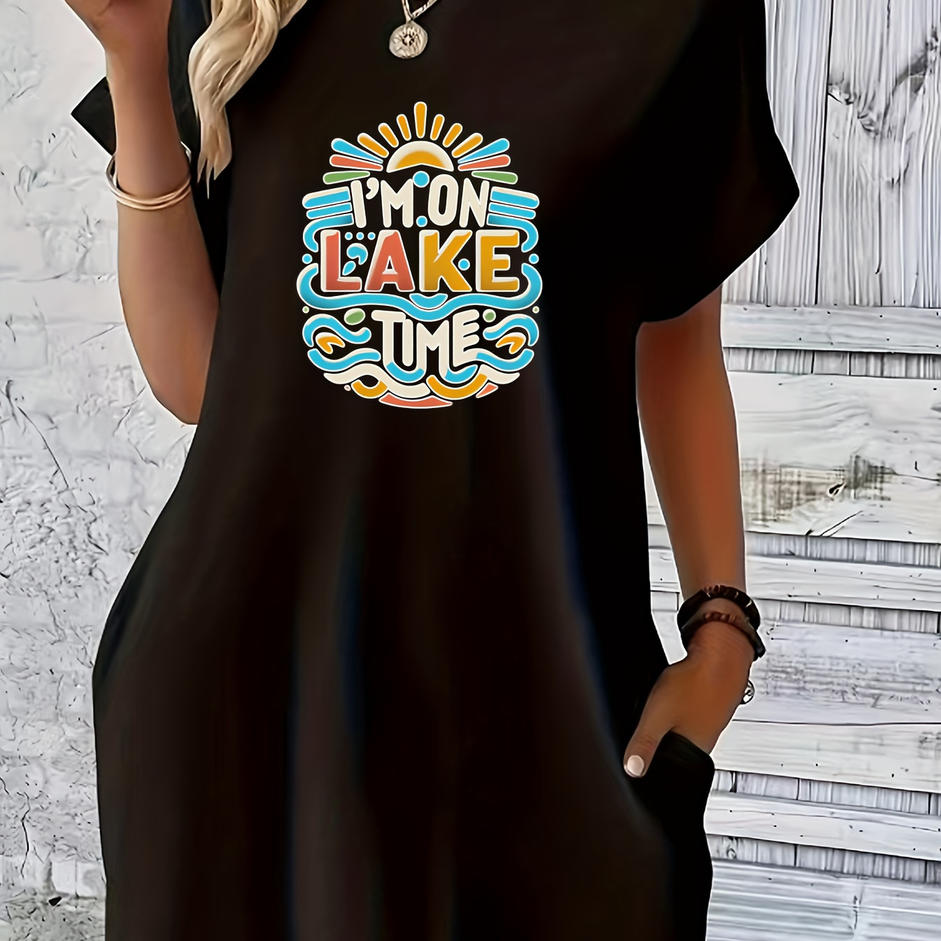 

Lake Time Print Crew Neck Tee Dress, Short Sleeve With Pocket Casual Dress For Summer & Spring, Women's Clothing
