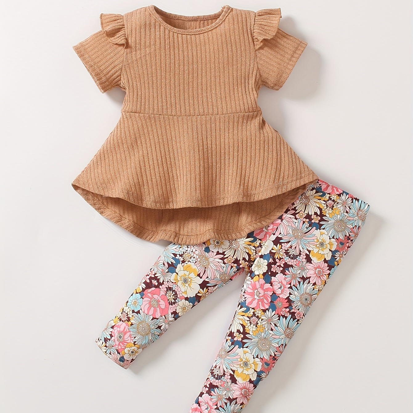 

Baby's Colorful Flower Pattern 2pcs Casual Outfit, Ribbed Short Sleeve Peplum Top & Pants Set, Toddler & Infant Girl's Clothes For Daily/holiday, As Gift