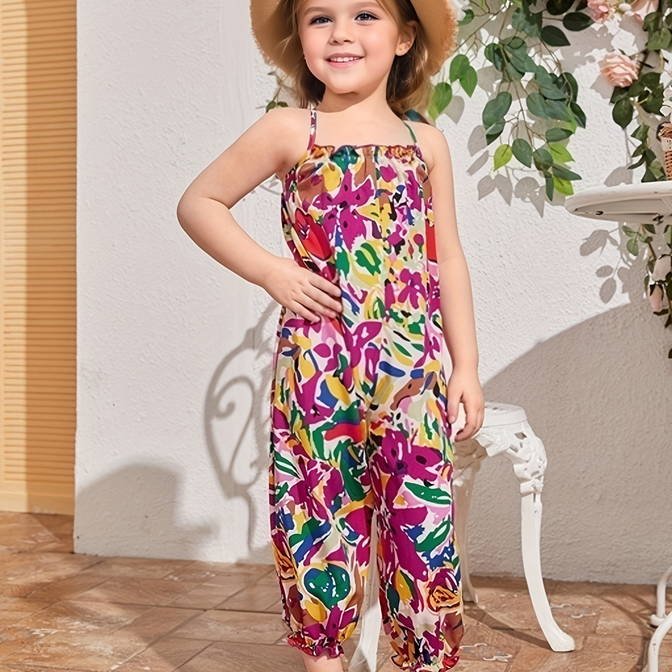 

Little Girls Colorful Graffiti Cami Jumpsuit Halter Neck Casual Long Jumpsuit Kids Summer Party Vacation Clothes