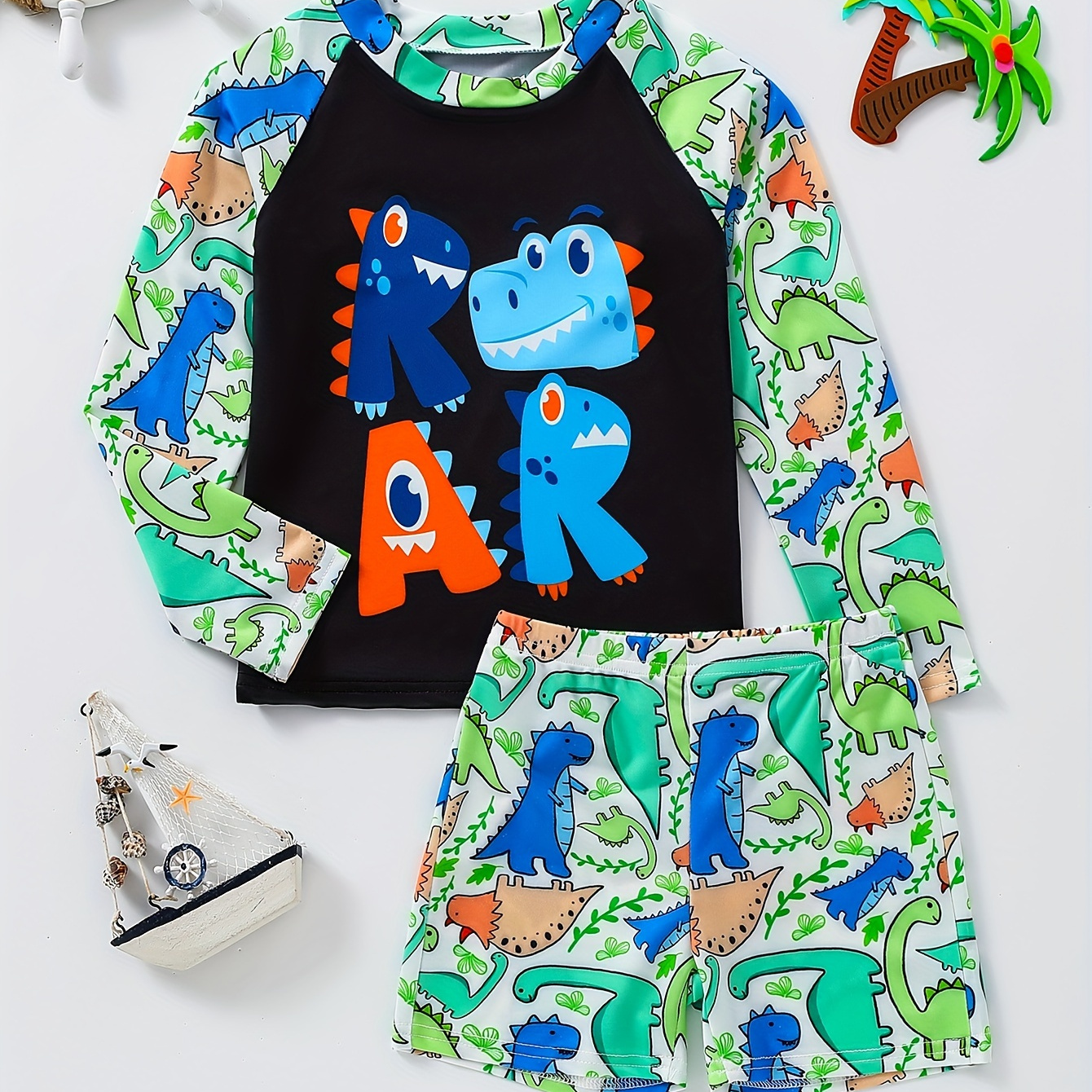 

2pcs Cartoon Cute Dinosaur And Roar Letter Pattern Swimsuit For Boys, Long Sleeve T-shirt & Swim Trunks Set, Stretchy Surfing Suit, Boys Swimwear For Summer Beach Vacation