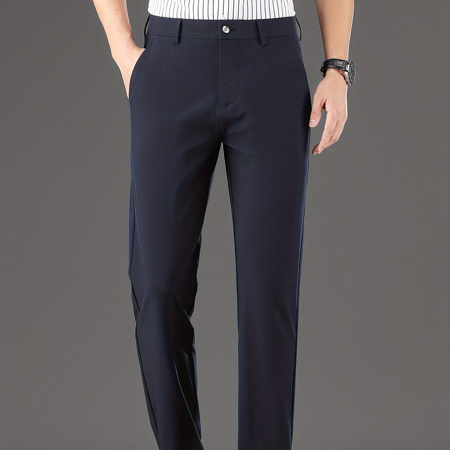 

Light Business Style Men's Solid Elastic Waist Business Slacks, Versatile Draping Trousers For Summer
