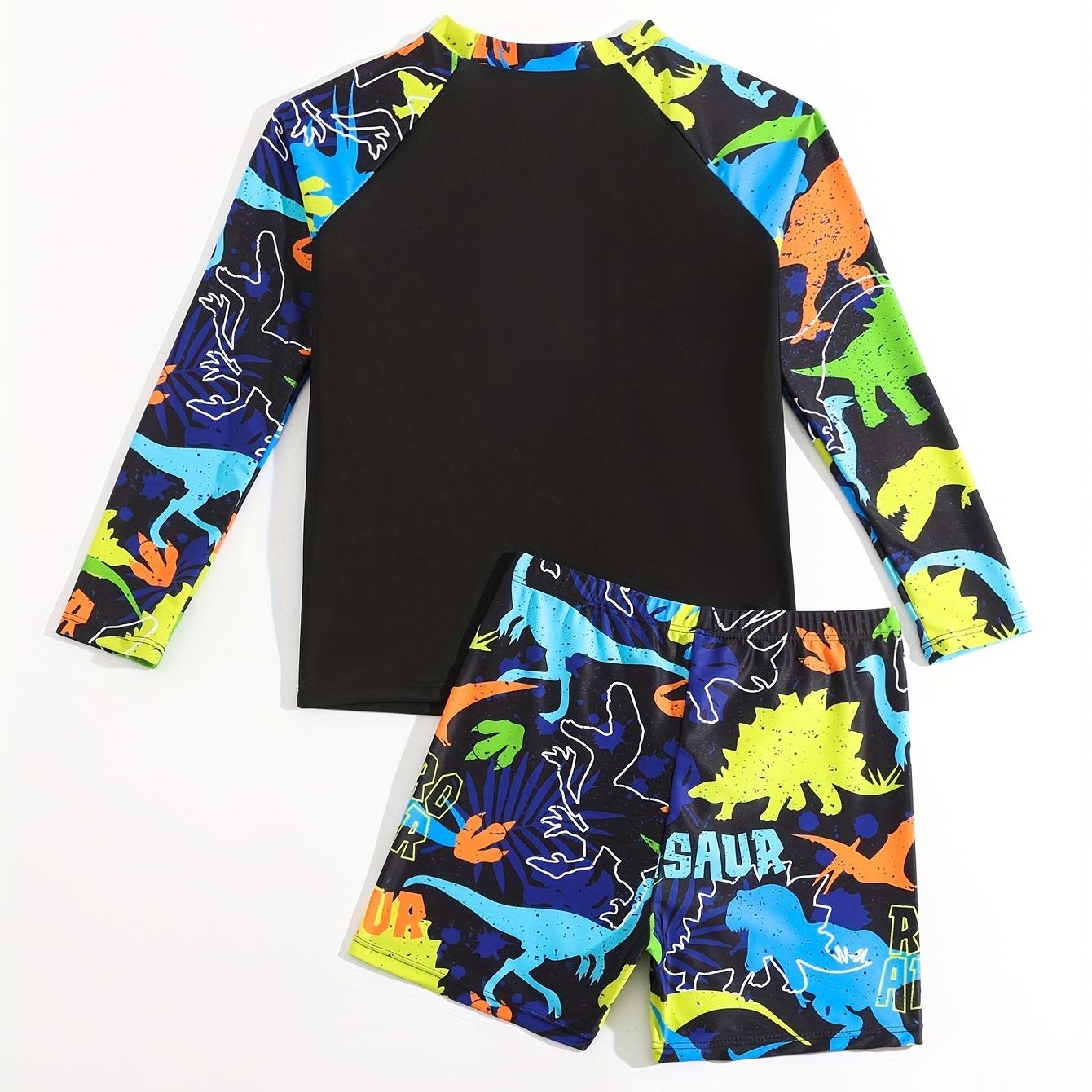 

2pcs Stylish Dinosaur Pattern Swimsuit For Boys, Long Sleeve T-shirt & Swim Trunks Set, Stretchy Surfing Suit, Boys Swimwear For Summer Beach Vacation