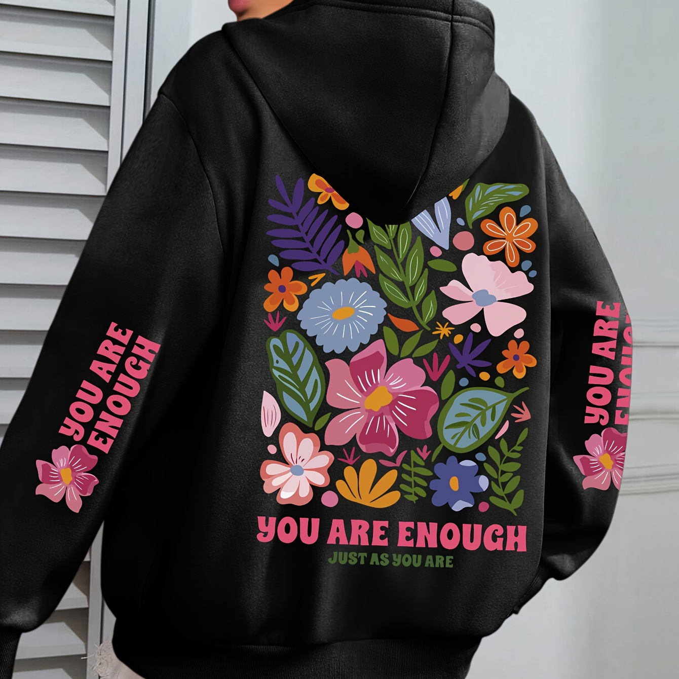 

Plus Size Floral & Letter Print Hoodie, Casual Drawstring Hooded Long Sleeve Kangaroo Pocket Sweatshirt For Fall & Winter, Women's Plus Size Clothing