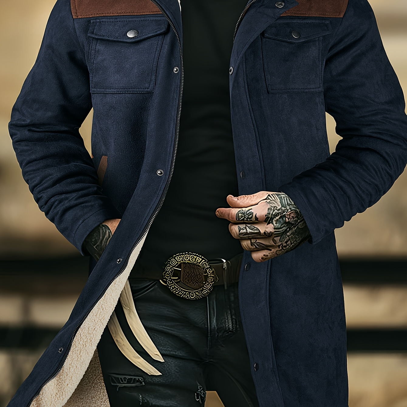 

Men's Fashionable Mid-long Slim Jacket With Pocket And Turn-up Collar