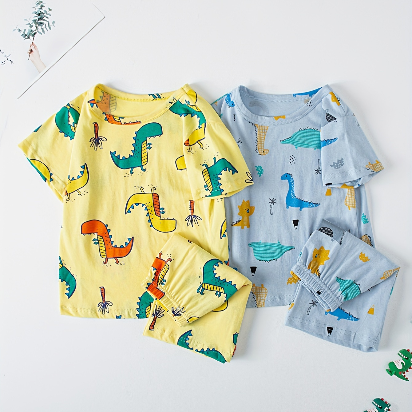 

2 Sets Boys Cute Cotton Pajama Sets, Cute Dinosaur Pattern Short Sleeve T-shirts & Shorts, Comfortable & Cute Style Pajamas For Boys Cozy Loungewear