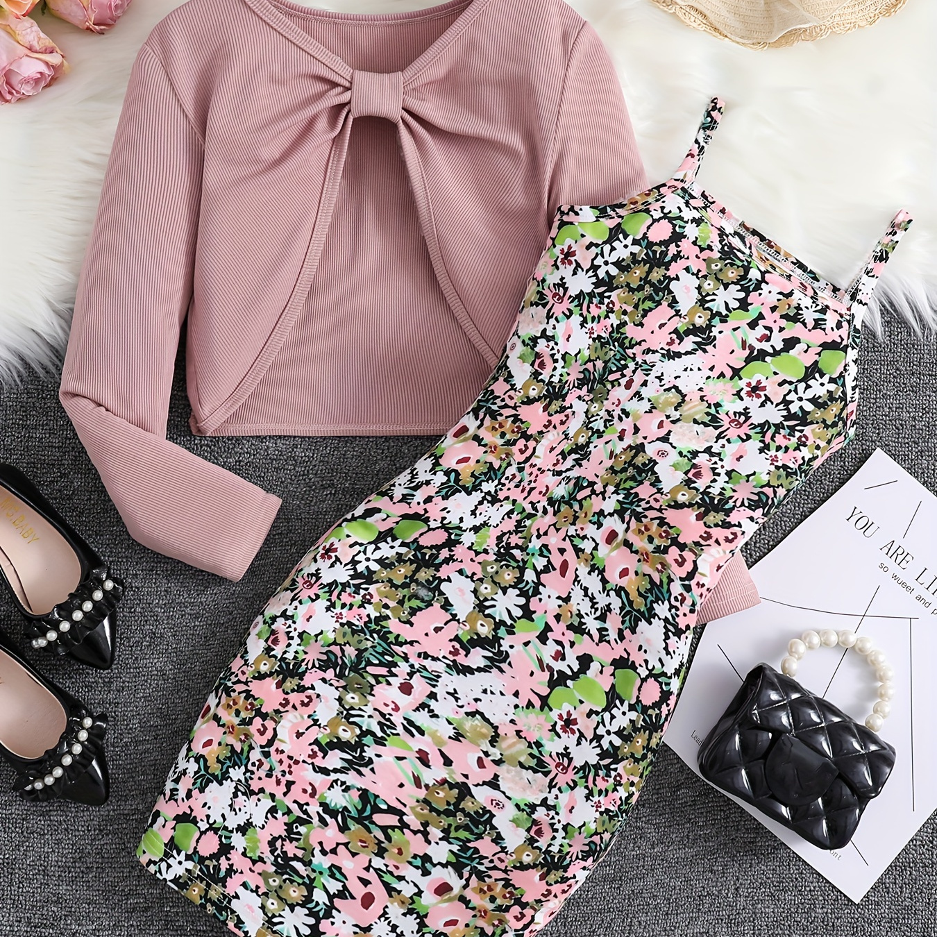 

2pcs, Elegant Long Sleeve Top + Cami Flora Dress Set For Girls Spring Summer Fall Gift Party