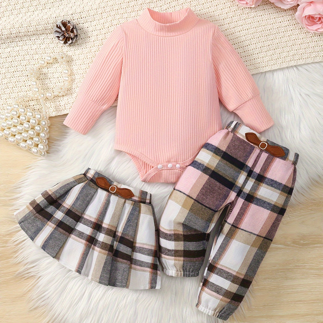 

3pcs ' Outfit Set: Long Sleeve Turtleneck , Embroidered Pleated & Pants - For Fall/, For